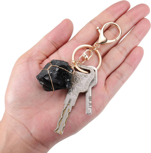 Jovivi Natural Raw Quartz Crystal Stone Keychain Wire Wrapped Irregular Rough Gemstone Healing Crystal Keyring for Women Men...