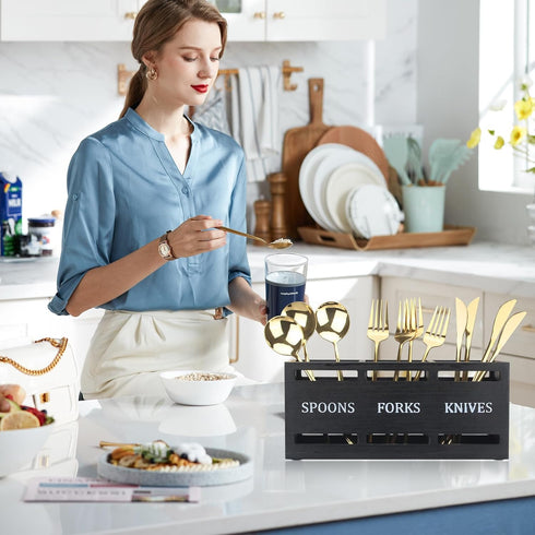 Ayiaren Wooden Silverware Caddies Flatware Cutlery Holder Wood Silverware Organizer Containers Black Kitchen Utensil Holder for Countertop Spoon a...