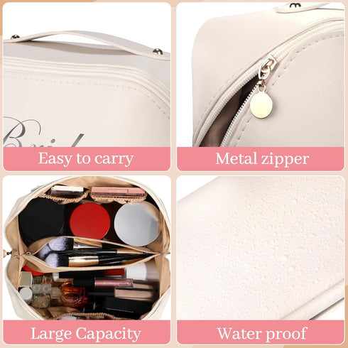 Bride Silver Letter Makeup Bag for Women Bridesmaid Engagement Gift for Her Large Capacity Portable PU Waterproof Toiletry Bag Flat Open Cosmetic ...