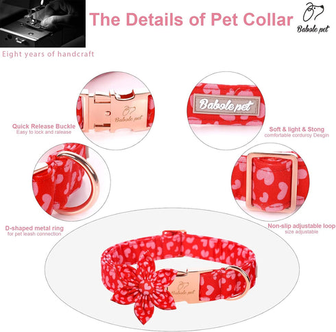Valentine's Day Dog Collar with Flower Tie, Pink Red love Male Dog Collar with Safety Metal Buckle Adjustable Puppy Collars for Small Medium Large...