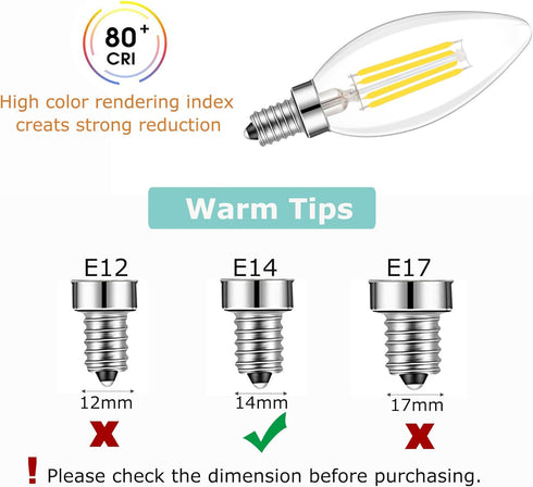 E14 Base LED Filament Candle Shape Light Bulb,E14 European Base Bulb,Daylight 6000K 400LM 40W Equivalent,C35 Clear Glass Torpedo Shape Bullet Top,...