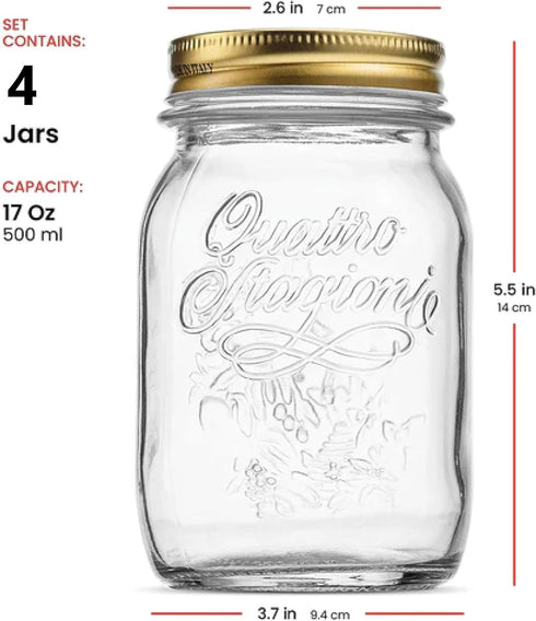 Bormioli Rocco Quattro Stagioni set of 4 Clear Airtight Mason Jars, 17 Oz. Made from BPA Free Durable Glass, Made In Italy....