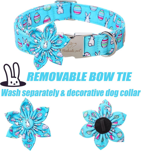 Dog Collar Easter Gift with Flower Tie, Rabbit Egg male Dog Collar with Safety Metal Buckle Adjustable Puppy Collars for Small Medium Large Boy & ...