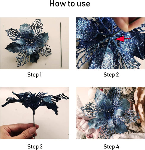 GL-Turelifes 12 Pieces 6.3’’ Glitter Christmas Flowers Lake Blue Poinsettia Artificial Flower Christmas Tree Flowers Wreath Tree Ornaments with 12...