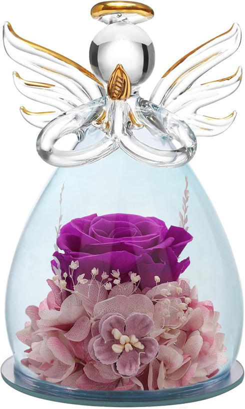 ANLUNOB Preserved Rose Birthday Gifts for Women Mom Grandma Wife, Glass Angel Figurines Gifts with Pretty Purple Flowers for Anniversary Wedding...