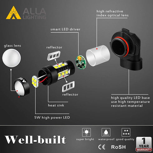 Alla Lighting 2400 Lumens 9006 HB4 LED Fog Lights Bulbs, 6000K Xenon White Super Bright Fog Lamps Replacement for Cars, Trucks...