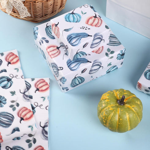 100 PCS Blue White Pumpkin Tissue Paper for Gift Wrapping, Pumpkin Pattern Tissue Paper for Blue White Thanksgiving Fall Harvest Party Decor Decou...