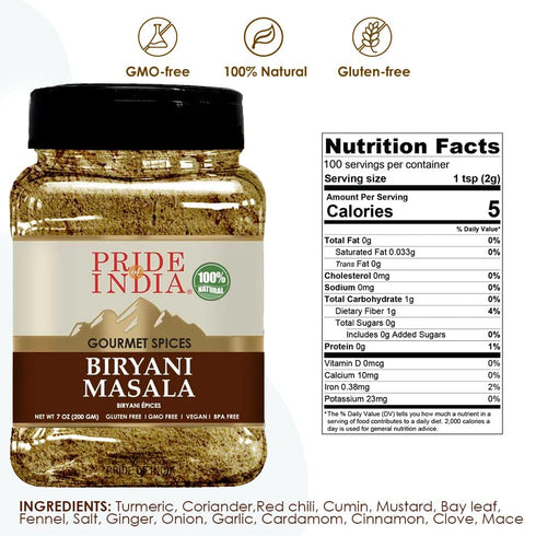 Pride Of India – Indian Biryani Masala Seasoning Spice - 7 oz. Medium Dual Sifter Jar - Easy to Use - Ideal for layered vegetable and meat pilaf –...