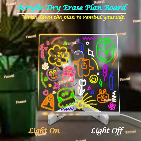 Fanrui Acrylic Dry Erase Board - 8.26 x 8.26 inch Clear Desktop Easel Write Board Lamp with 7 Markers Tray on Desk, to Do List Notepad for Office,...