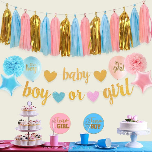 Baby Gender Reveal Decorations - Glitter Letters Baby and Boy or Girl with Hearts Banner, Tissue Paper Tassels Garland Set for Gender Reveal Party...