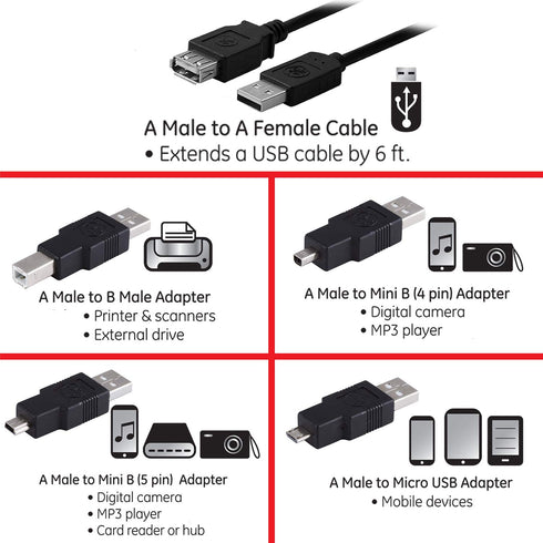 GE Universal USB 2.0 Adapter Kit, 6ft. A Male to A Female Extension Cable, 4 Adapters Included: A Male to B Male, 4 Pin, 5 Pin, A Male to Micro US...