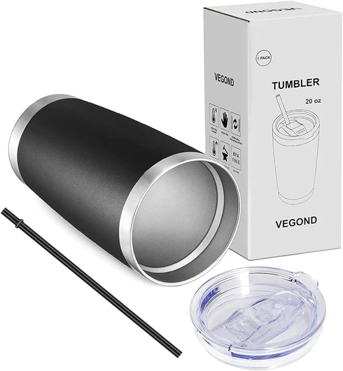 VEGOND 20oz Tumbler with Lid and Straw Stainless Steel Tumbler Cup Vacuum Insulated Double Wall Travel Coffee Mug Powder Coated Coffee Cup(Black 1...
