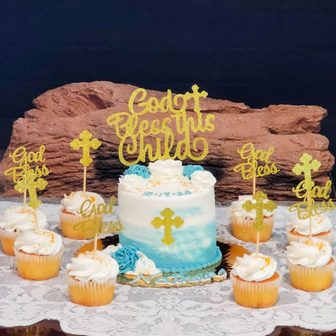 JeVenis 25 PCS Glittery Gold Bless this Child Cross & Cake Toppers - Baptism Cupcake Decorations...