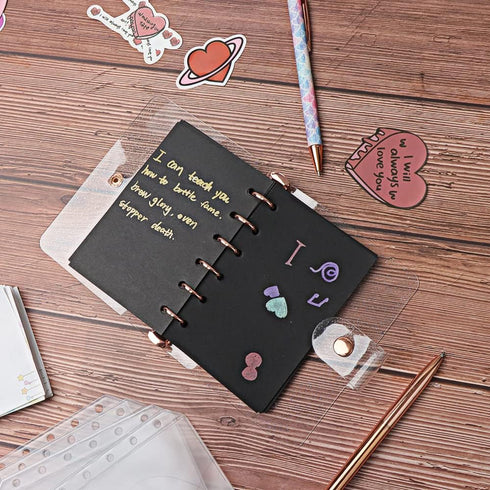 A7 Binder Cover Glitter Powder PVC Budget Binder Rose Gold 6 Round Ring Binders Snap Button Closure Loose Leaf Folders Refillable Soft PVC Noteboo...