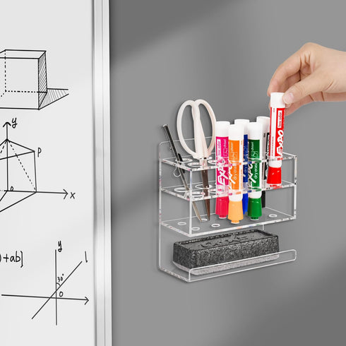Dry Erase Marker Holder, Wall Mounted Marker Holder with 10 Slots, Acrylic Marker Holder for Classroom Organization, Sticky Pen Marker Holder for ...