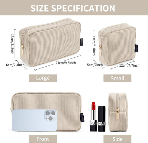 MAGEFY Makeup Bag for Purse, 2 Pcs Corduroy Cosmetic Bag for Girls Women Small Travel Makeup Pouch with Zipper(Beige)...