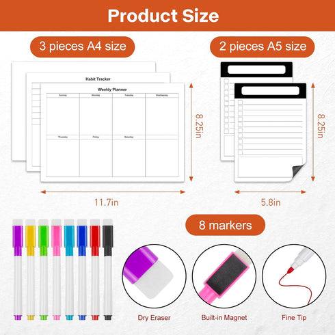 5pcs Whiteboard Sticker for Fridge, Self-adhesive Dry Erase Sticker, A4 Size Weekly Planning Board Sheet for Wall, Small Removable to Do List Stic...