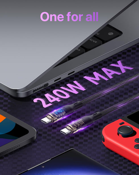 240W USB C to USB C Transparent Cable with LED Display Compatible with 140W 100W Fast Charging for MacBook Pro,lPhone15/15Pro/15ProMax,Samsung Gal...