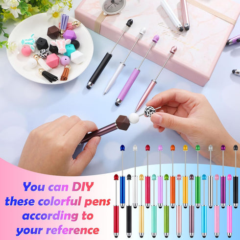 60 Pcs Plastic Stylus Beadable Pens 2 in 1 Stylus Bead Pen Black Ink with Stylus Tip for DIY Making Gift Kids Students Office School Supplies...