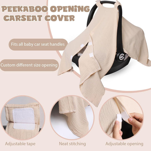 Baby Car Seat Cover Muslin Infant Carseat Canopy, Peekaboo Opening Car Seat Covers, Unisex Large Universal Fit Lightweight Breathable Newborn Brea...