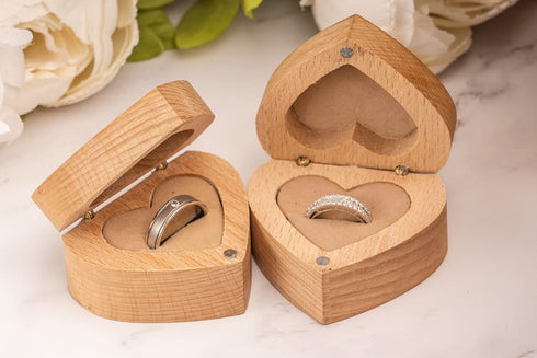 Strova Heart Shaped Wooden Ring Box for Wedding Rings – Set of 2 with Engraved Mr. & Mrs. Lettering – Ring Bearer Box for Display or Personal Orga...