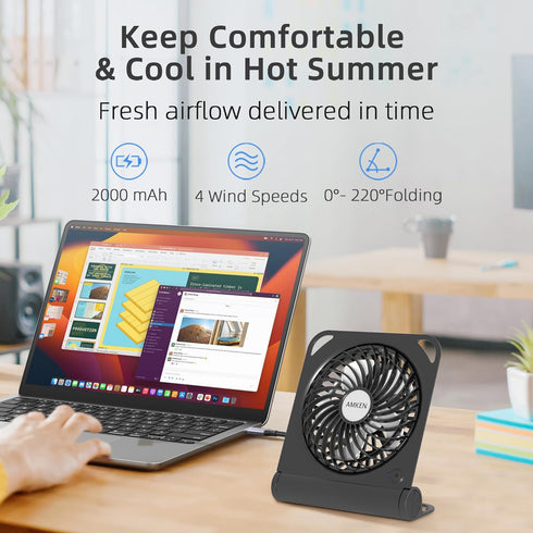 AMKEN Small Table Fans - 2000mAh USB Fan Desk Fan 4 Speeds Adjustable - 200° Tilt Folding Quiet Operation for Office Bedroom Home Desktop Camping...
