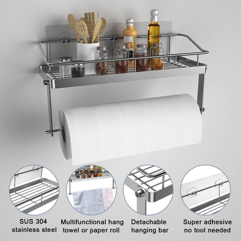 Adhesive Paper Towel Holder Shelf,Wall Mounted Paper Towel Roll Rack Basket for Kitchen,Shower Bathroom & Balcony,Rustproof,No Drilling,SUS 304 St...