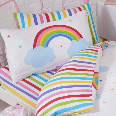 Rainbow Sky Striped Junior Toddler Bed Fitted Sheet and Pillowcase Set...