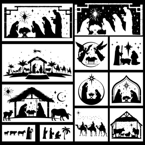 11 Pieces Christmas Nativity Scene Stencils Nativity of Jesus Stencil Reusable DIY Drawing Stencil for Painting on Wood Canvas Reusable Nativity S...