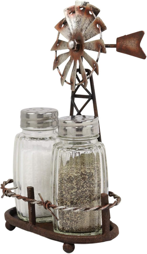 Ebros 6.5"Tall Rustic Country Farm Agricultural Windmill Outpost Salt And Pepper Shakers Holder Display Stand Set Western Kitchen Dining Home Deco...