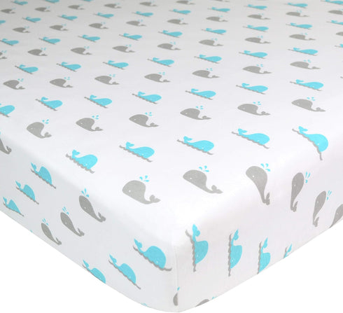 American Baby Company Fitted Crib Sheet 28" x 52", Soft Breathable Neutral 100% Cotton Jersey Sheet, Aqua Whales, for Boys and Girls, Fits Crib an...