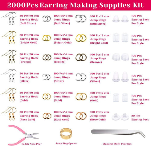 Earrings Hooks for Jewelry Making, Anezus 2000Pcs Earring Making Supplies Kit with Fish Hook Earrings, Earring Cards, Jewelry Plier, Earring Backs...