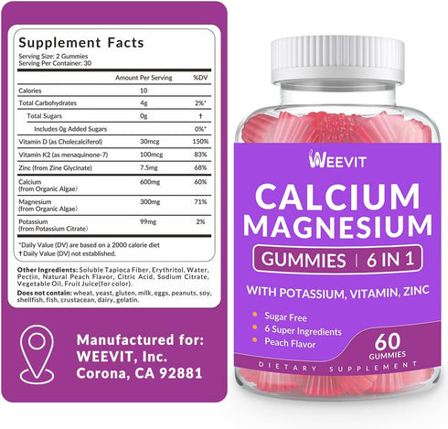 Sugar Free Calcium Gummies 600mg w/Vitamin D3 K2, Potassium, Calcium Magnesium Zinc Gummies for Bone, Muscle & Immune, Algae Calcium Magnesium 2:1...