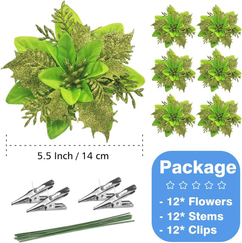 Christmas Poinsettia Artificial Flowers Decorations 5.5" Christmas Tree Wreaths Garland Decoration 12 Pcs Glitter Flowers Picks Decor for Xmas New...