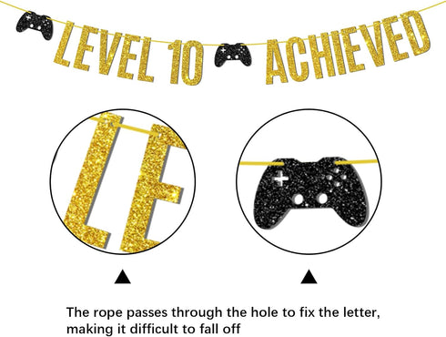 Level 10 Achieved Banner, Double Digits, Game on Level 10 Hanging Sign, Glittery Video Gamer Happy 10th Birthday Party Decorations...