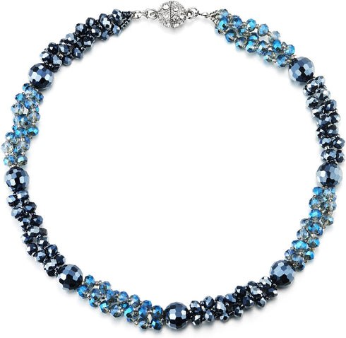 COOLSTEELANDBEYOND Blue Beads Crystal Cluster Statement Necklace Braided Chain Choker Collar Necklace, Magnetic Clasp...