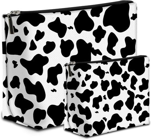 2Pcs Makeup Bag,Travel Makeup Bag,Makeup Bags for Women,Makeup Brush Bag,Large Capacity Cosmetic Bag,Waterproof and Durable-Black White Cow Wester...