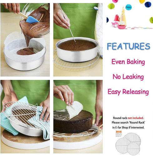 E-far 6 Inch Cake Pan Set of 3, Stainless Steel Round Smash Cake Baking Pans Tins, Non-Toxic & Healthy, Mirror Finish & Dishwasher Safe...