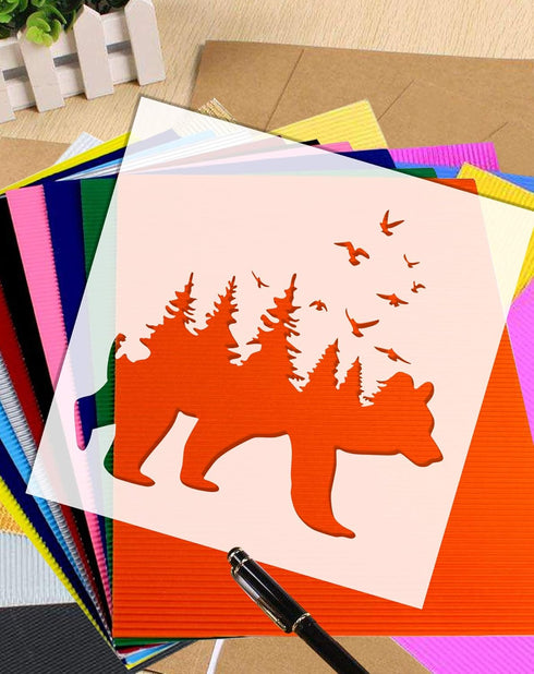 GSS Designs Mountain Forest Bear Stencil (2 Pack) - Reusable Stencil for Walls (12x12Inch) - Art Painting for Wall Canvas Furniture Cards Decor (S...