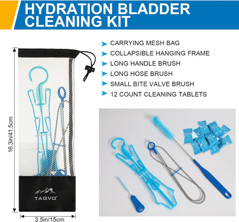 Hydration Bladder Cleaning Kit, 6 in 1 Water Bladder Cleaner Set - 3 Brushes, Collapsible Hanger, 12 Cleaning Tablets & Carry Pouch, Water Reservo...
