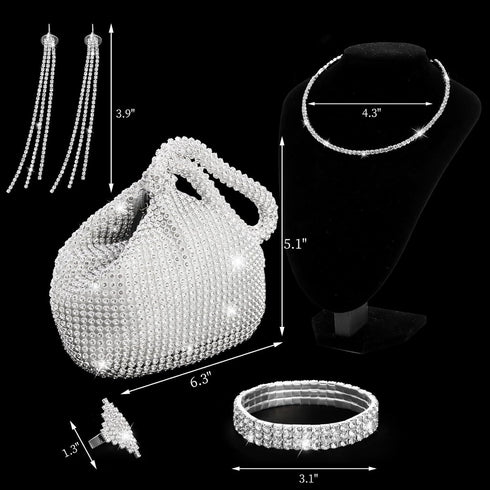 5 Pcs Rhinestone Silver Jewelry Set, Shiny Silver Clutch Purse for Women, Silver Necklace Set, Wedding Jewelry, Bling Necklace Earrings Bracelet R...