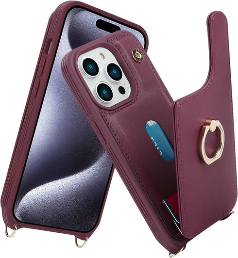 for iPhone 15 Pro Case with Card Holder for Women,iPhone 15 Pro Phone Case with Strap,Crossbody Lanyard,Ring Stand,Snap Clasp,Cute Wallet Case 6.1...