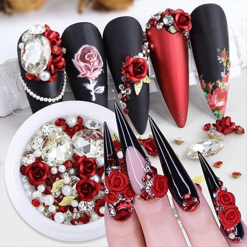 3D Rose Flower Nail Art Charms Acrylic Flower Gems Acrylic Nail with Pearls Red Rose Metal Flower Parts for DIY Manicure Supplies Nail Decor...