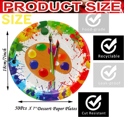 50 Pcs Art Paint Paper Plates Art Painting Party Supplies 7" Art Paint Dessert Plates Art Painting Plates for Painting Theme Baby Shower Art Paint...