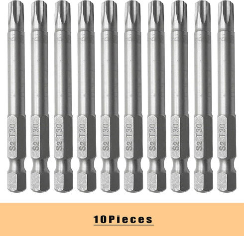 10PCS T30 Torx Screwdriver Bit, 1/4 Inch Hex Shank 65mm Long, S2 Steel Magnetic Torx Screwdriver Set Tool, Silver...