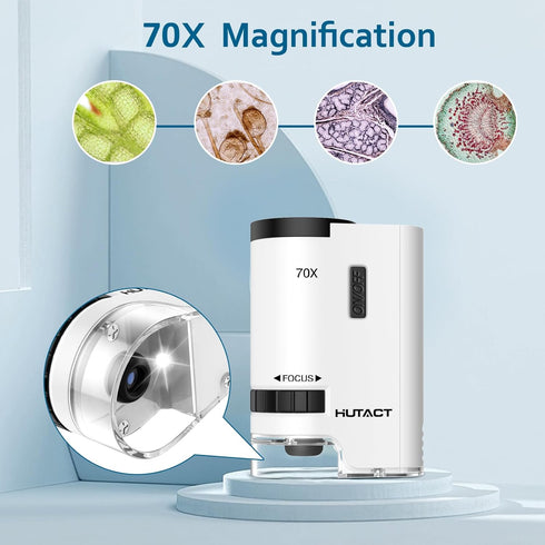 HUTACT 70x Pocket Microscope for Kids, Mini Handheld Portable Microscope with 5 Microscope Slides for Kids Learning, Education...