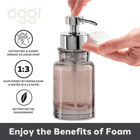 OGGI Glass Foaming Soap Dispenser - 10oz Capacity, Round, Heavy Glass - Stylish Refillable Foaming Hand Soap Dispenser, for Bathroom and Kitchen, ...