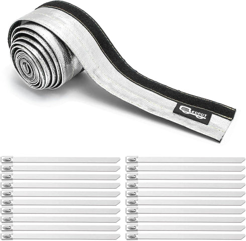 Heat Shroud Aluminized Sleeving Heat Shield fuel line wire heat sleeve 1/2" I.D. x 10FT with 20 Pcs 3.9Inch Stainless Steel Cable Metal Zip Ties...