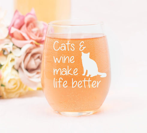 Cats and Wine Make Life Better Stemless Wine Glass - 17 oz - Funny Cat Lover Themed Gift for Men and Women...