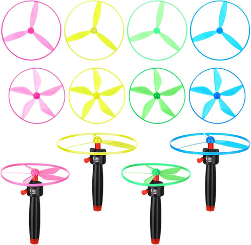 12 Pcs Flying Saucer Flying Disc Toy Helicopter Toy Disco Flyers Include 4 String Launchers and 8 Flying Saucer Flying Disc Launcher Flying Toys L...